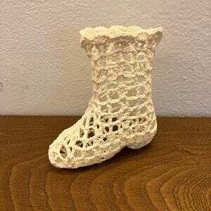 Small white lacy open knit boot, mini figure decor, cowgirl western prairiecore
